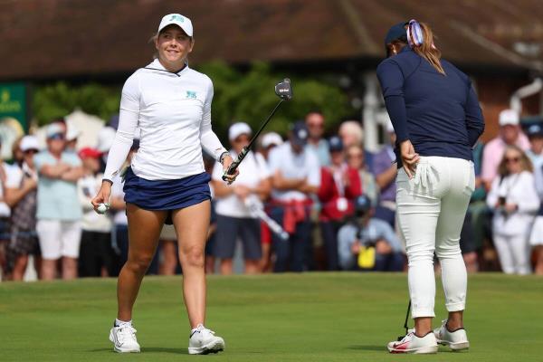 Sara Byrne of Great Britain &amp; Ireland reacts during the Friday Foursomes on Match Day One of the Curtis Cup at Sunningdale Golf Club. Pic: Tom Dulat/R&amp;A/R&amp;A via Getty Images.
